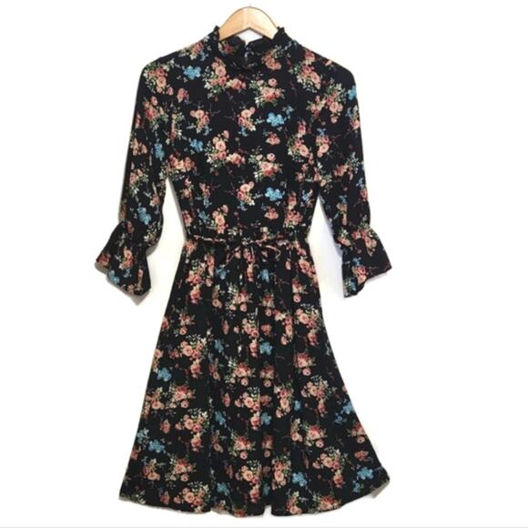 ModCloth Floral Ruffle Mock Neck Front Tie Waist Black Midi Dress Size S - Picture 2 of 16